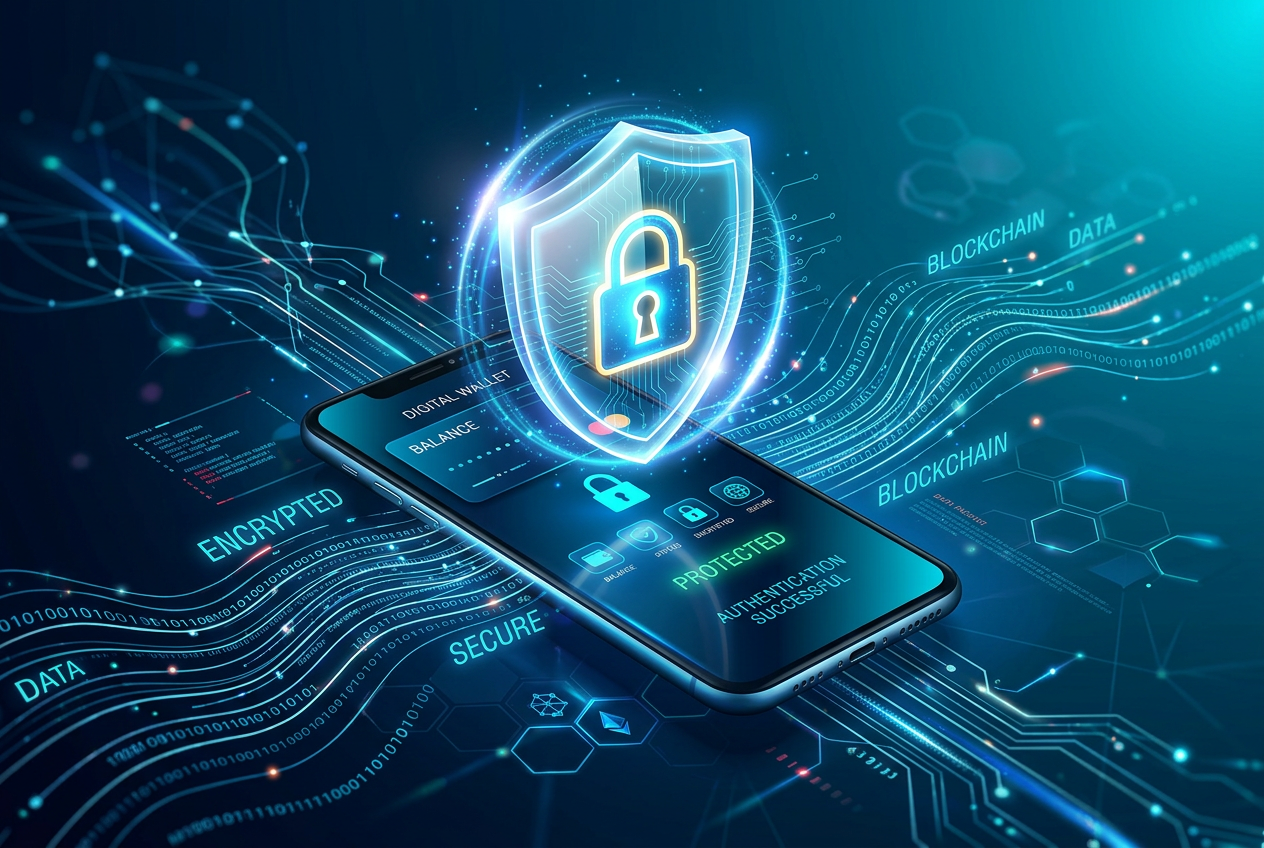 Ilustracja bezpieczeństwa cyfrowego z kłódką i tarczą chroniącą smartfon