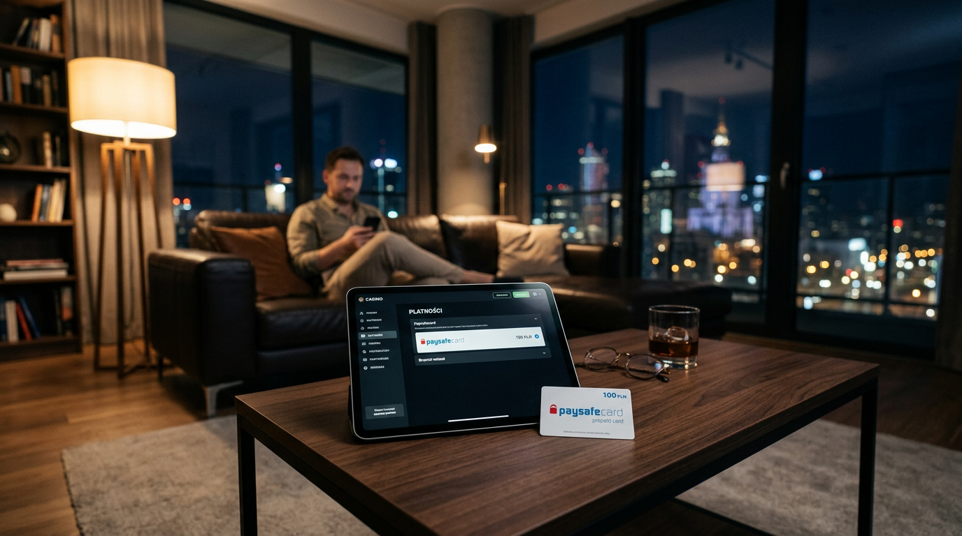 Interfejs kasyna online na tablecie obok karty płatniczej Paysafecard