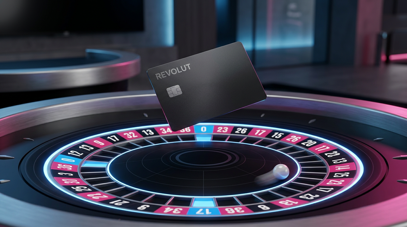 Karta Revolut nad cyfrowym kołem ruletki symbolizująca płatności w kasynach online