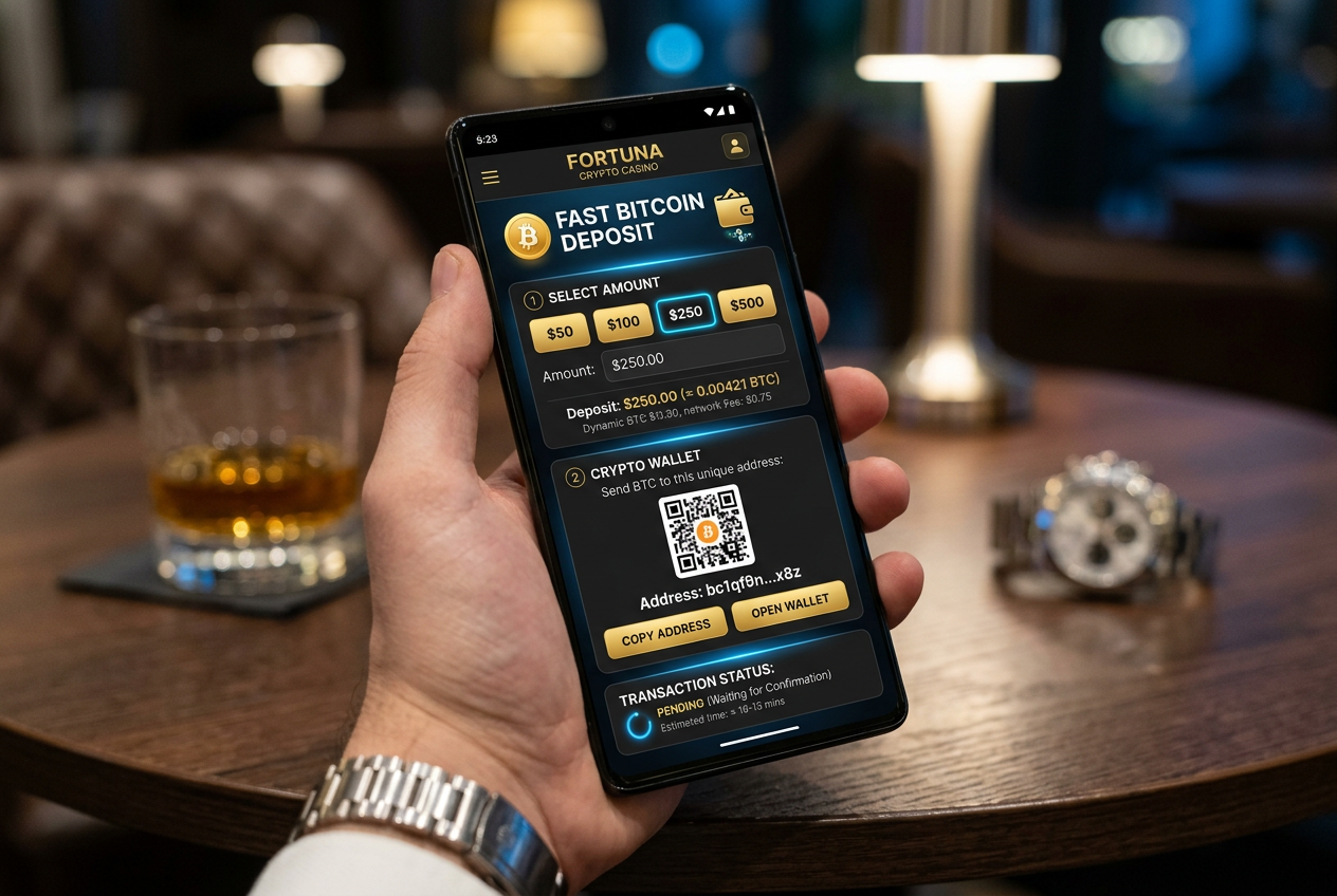 Nowoczesny interfejs mobilny kasyna kryptowalutowego z opcją szybkiego depozytu Bitcoin