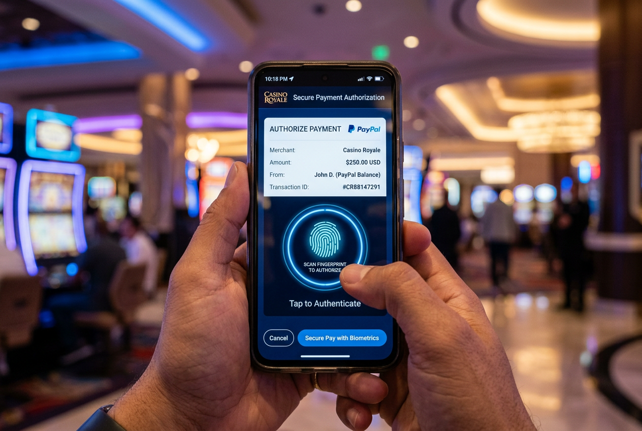 Mobilna płatność biometryczna PayPal w kasynie online na smartfonie